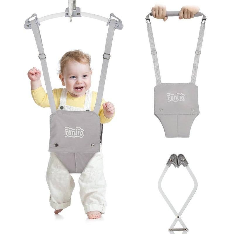 FUNLIO 2 in 1 Baby Door Jumper with Door Clamp, Baby Walking Harness for 6-24 Months, Infant Jumper Doorway with Strong Spring & Adjustable Strap, Easy to Assemble & Store - Grey - Image 1